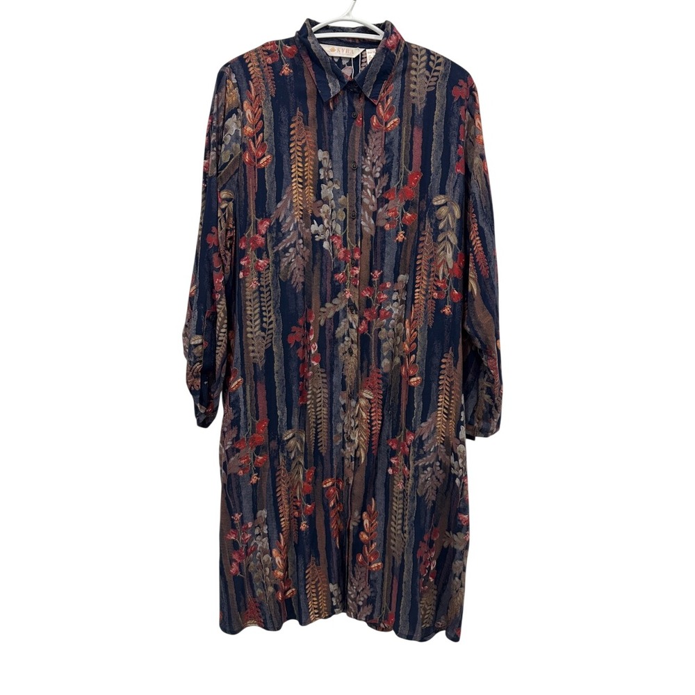 KYRA Vintage-Style Floral Button Front Shirt Dress Navy Rust Midi